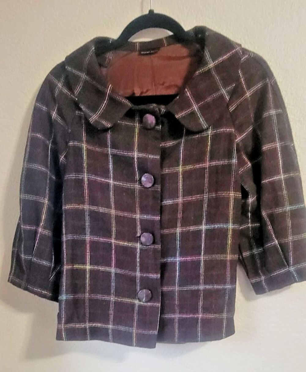 Vintage Sooki Des L.A. Womens Jacket Coat Small Wool Blend Plaid Brown Cropped